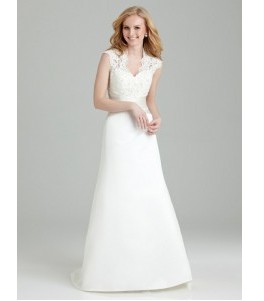 White Sleeveless V-neck Lace Satin Ankle Length A-line Wedding Dresses_1_2.jpg